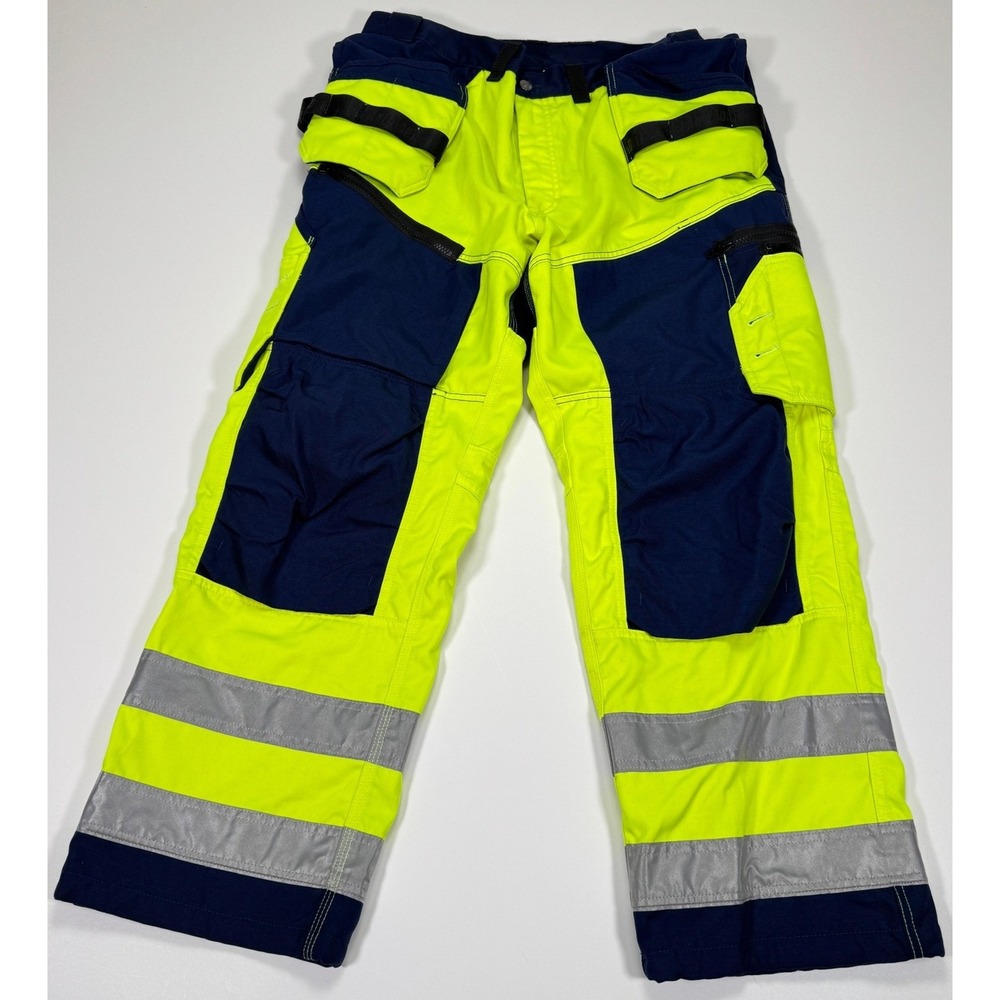 Blaklader 1609 X1600 High Vis Work Pants Mens 40x30 Navy Yellow Cargo Reflective